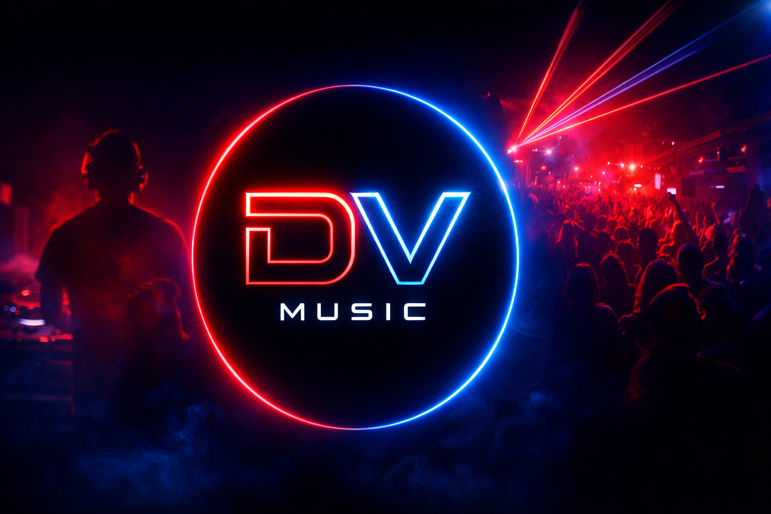 Banner de DV Music con luces neón